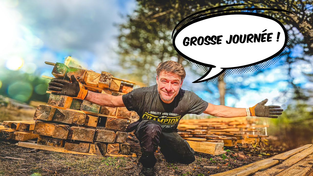 Grosse production de billots carrés pour les murs du chalet !