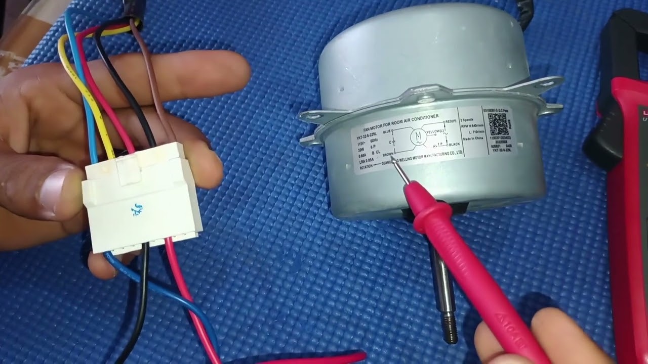 Diagrama eléctrico, conexión y prueba del motor ventilador de la UE de un aire acondicionado.