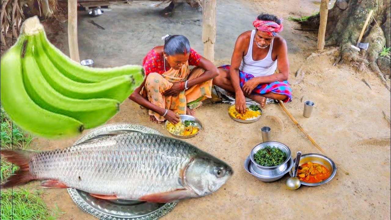 ROHU FISH CURRY with RAW BANANA cooking & eating with rice by our grandmaa
