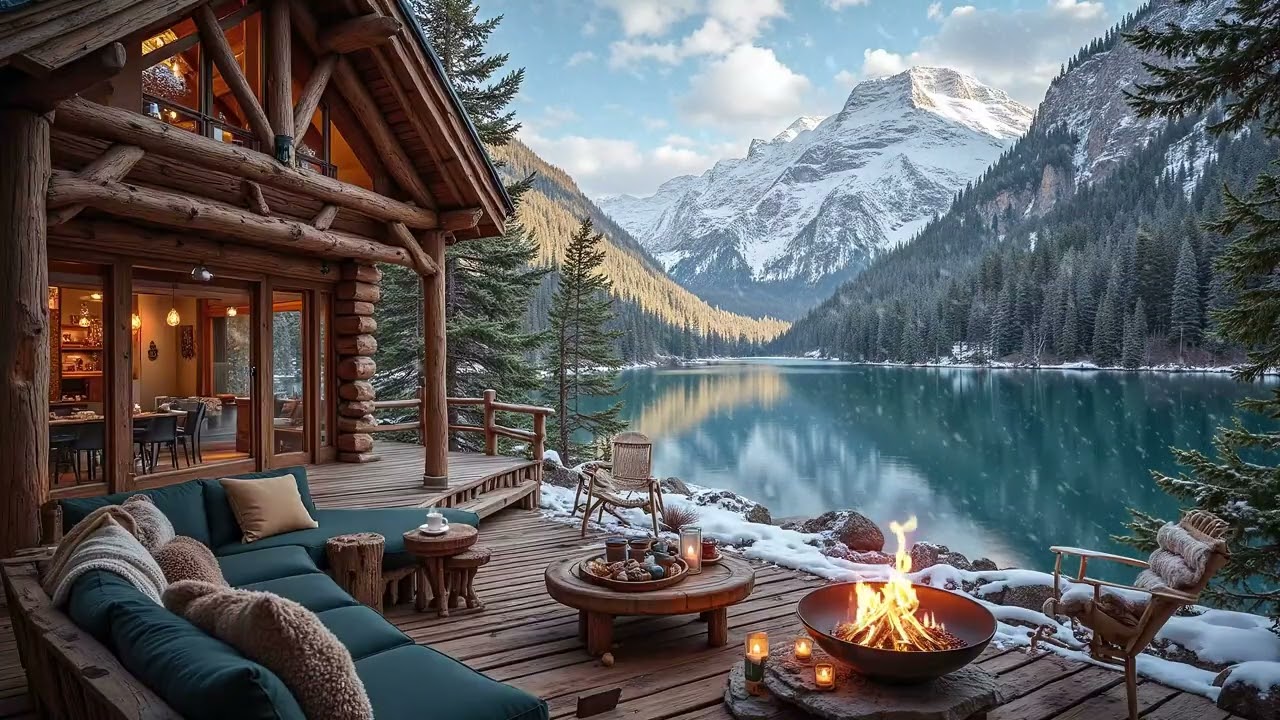 Cozy Winter Lakeside Cabin Ambience ❄️  Crackling Fireplace, Falling Snow & Warm Piano Music