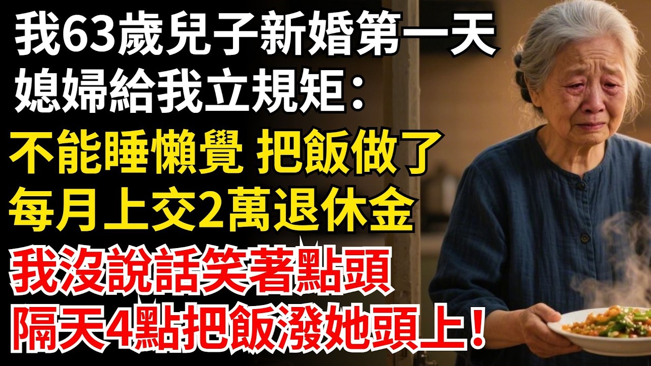 我63歲 兒子新婚第一天，媳婦給我立規矩，不能睡懶覺 把飯做了，每月上交2萬退休金，我沒說話笑著點頭，隔天4點把飯潑她頭上！#晚年生活#中老年生活#為人處世#生活經驗#情感故事#幸福人生