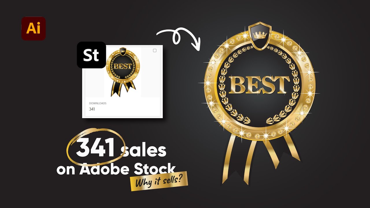 Как нарисовать ЗОЛОТОЙ ЗНАЧОК С БРИЛЛИАНТАМИ — мой самый продаваемый дизайн. Урок по Adobe Illust...