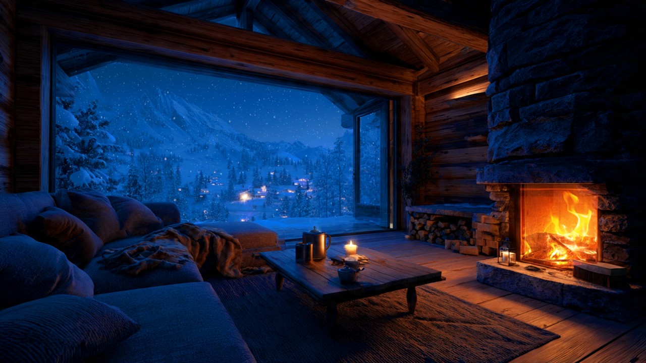 Snowy Cabin Night with Crackling Fireplace 🔥 | Cozy Winter Ambience for Deep Sleep
