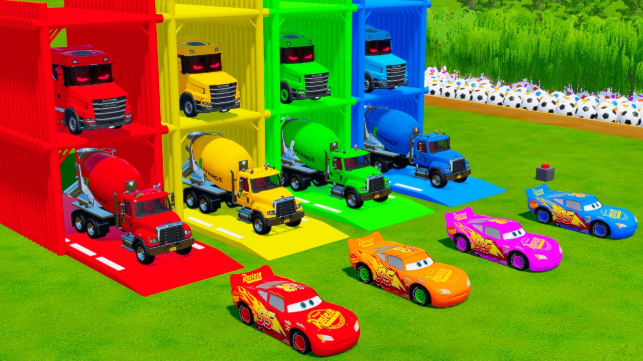 Garage with Colors - ALL MIXER TRUCK WITH DOUBLE FLATBED TRAILER TRUCK, MACK, LIZARD, URAL