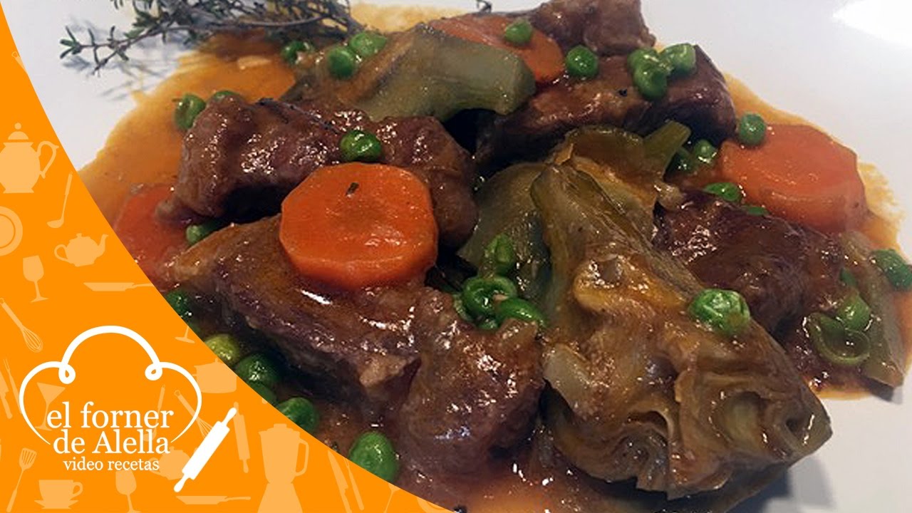 Ternera con alcachofas y guisantes