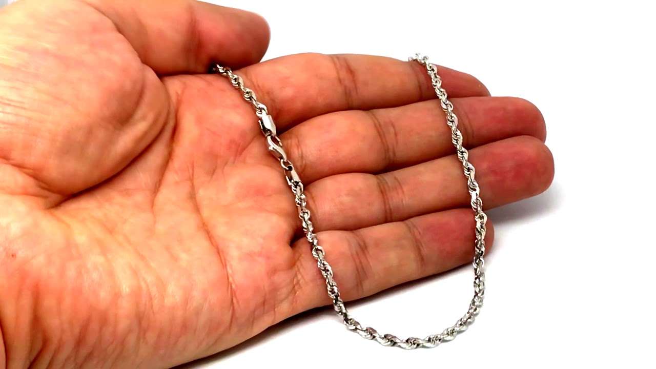 14k White Solid Gold Diamond Cut Rope Chain Necklace, 3mm