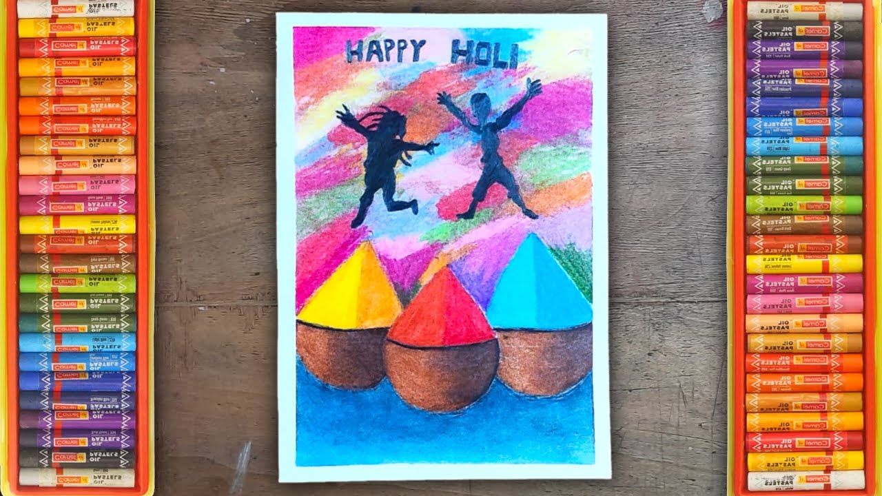 How to draw Holi Festival Drawing With Oil Pastel Happy Holi Special Drawing of Holi Poster Drawing 