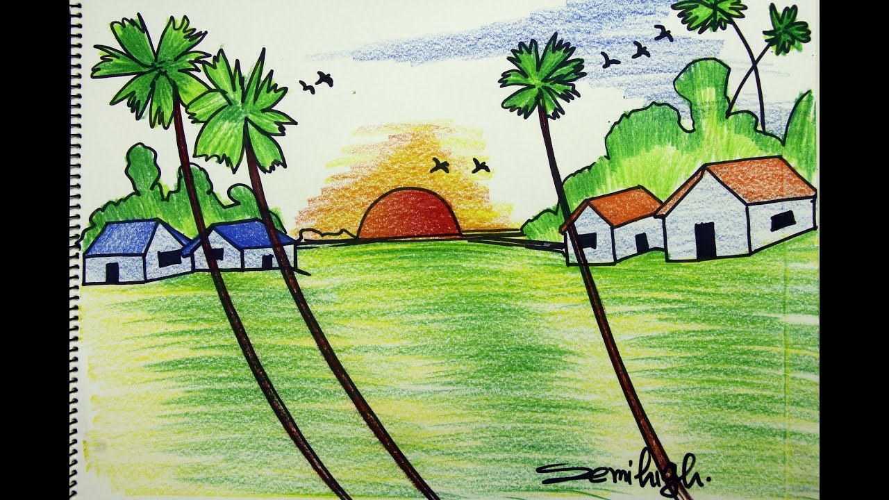 Simple Way To Draw Sunset Village Scenery Step By Step