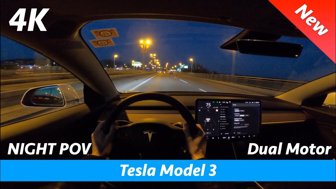 Tesla Model 3 - Ночной тест POV и полный обзор | Светодиодные фары в темноте, 0 - 100 км/ч