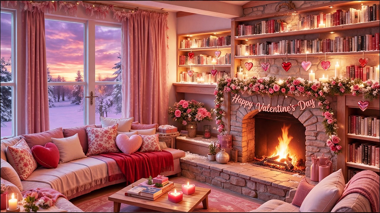 Happy Valentine's Day 💝Warm Piano Music, Gentle Snowfall & Crackling Fireplace for Love & Relaxation