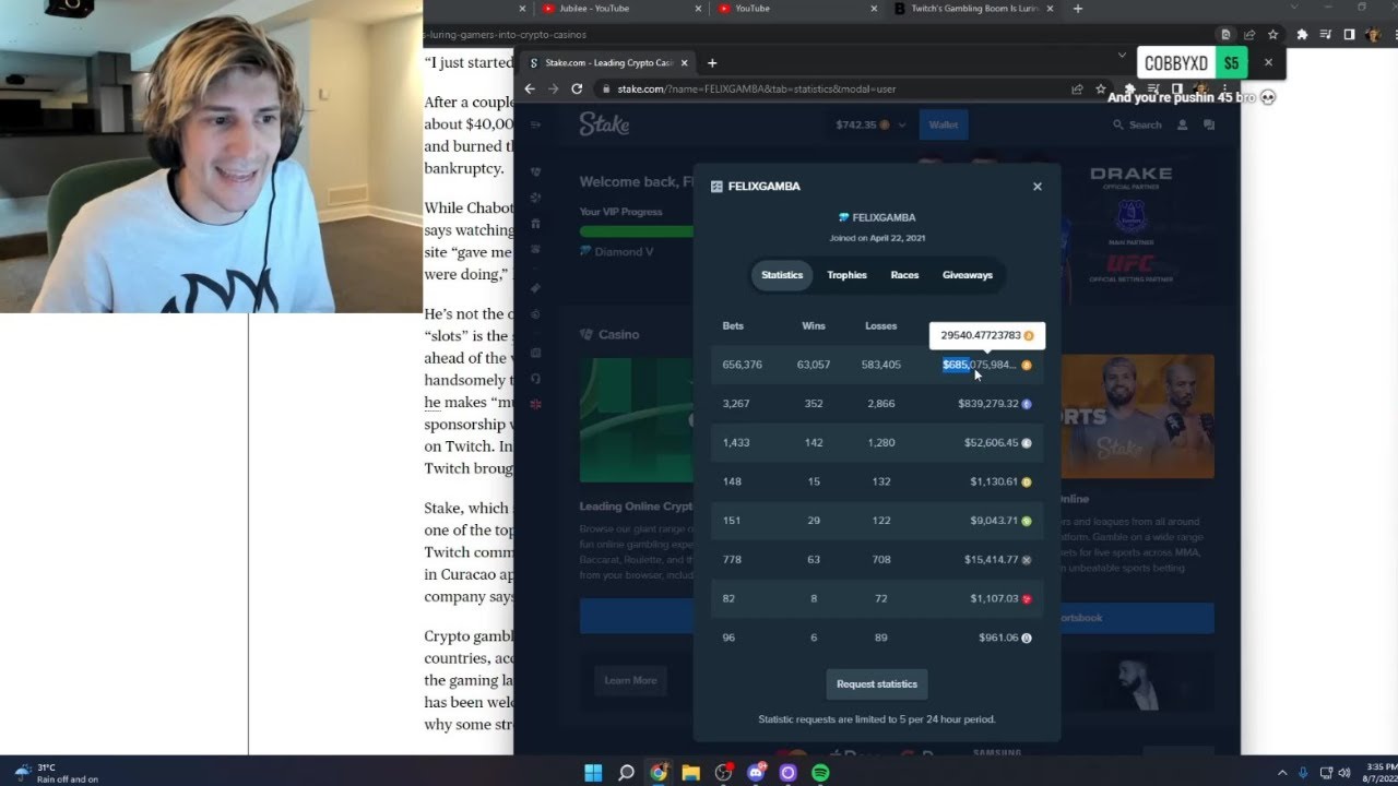 xQc reveals how much he's wagered on Stake
