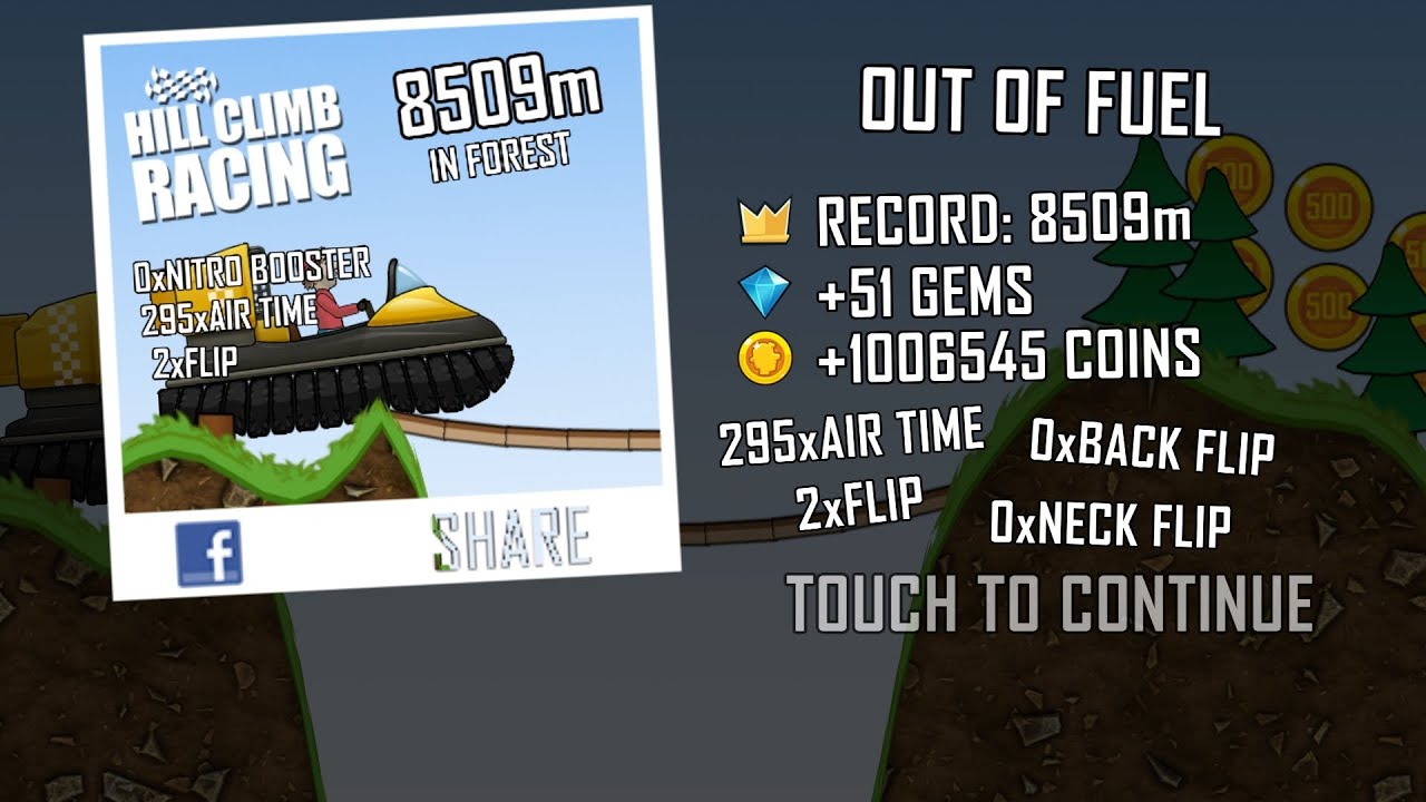 Hill Climb Racing 1.67.4 (120 fps): Hovercraft + Forest 8509m (full run)