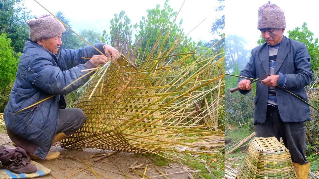 Making himalayan bamboo cane basket for home use @ Himalayan life of nepal