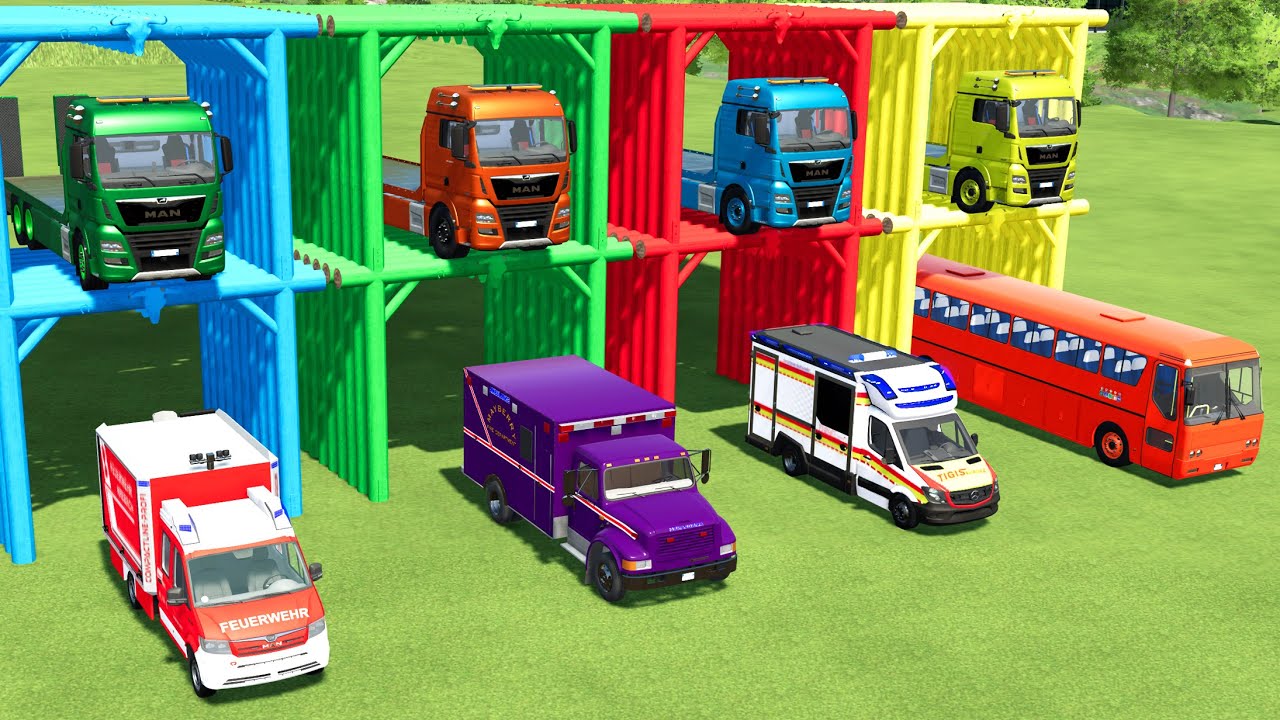 BUS, POLICE CAR, AMBULANCE, FIRE DEPARTEMENT TRANSPORTING TO GARAGE | FS22 SIMULATOR 22 | FS22 MODS