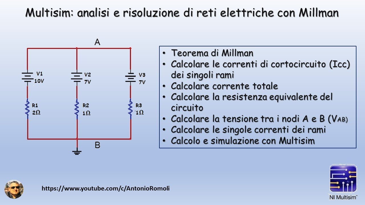 Multisim risoluzione di una rete elettrica applicando il teorema di Millman