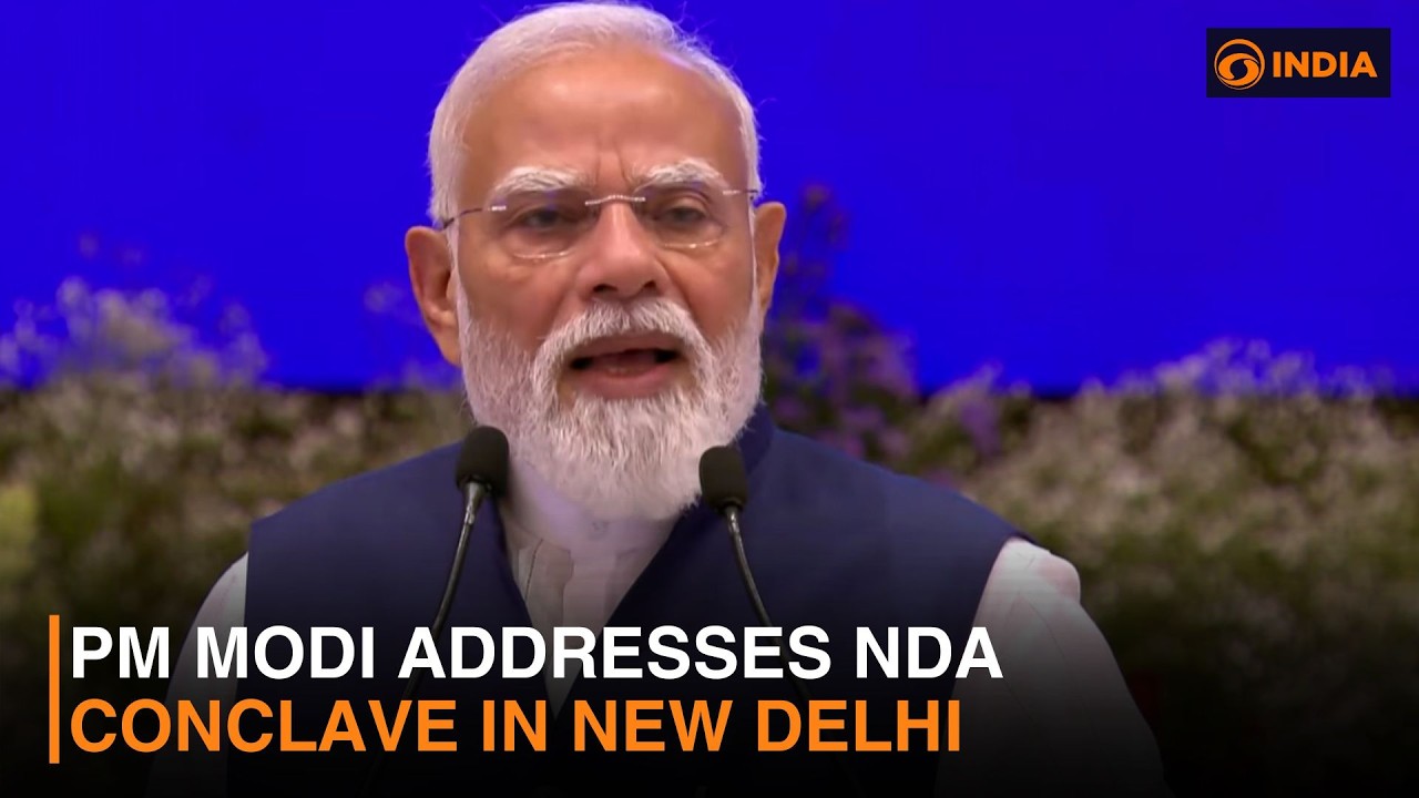 Prime Minister Narendra Modi addresses a gathering during NDA conclave in Delhi