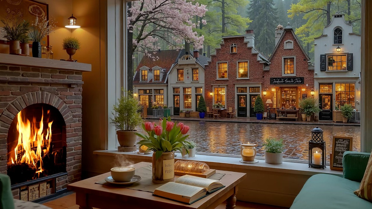 Calm Rainy Coffee Shop ☕ Gentle Jazz Piano & Fireplace Sounds for Study & Work