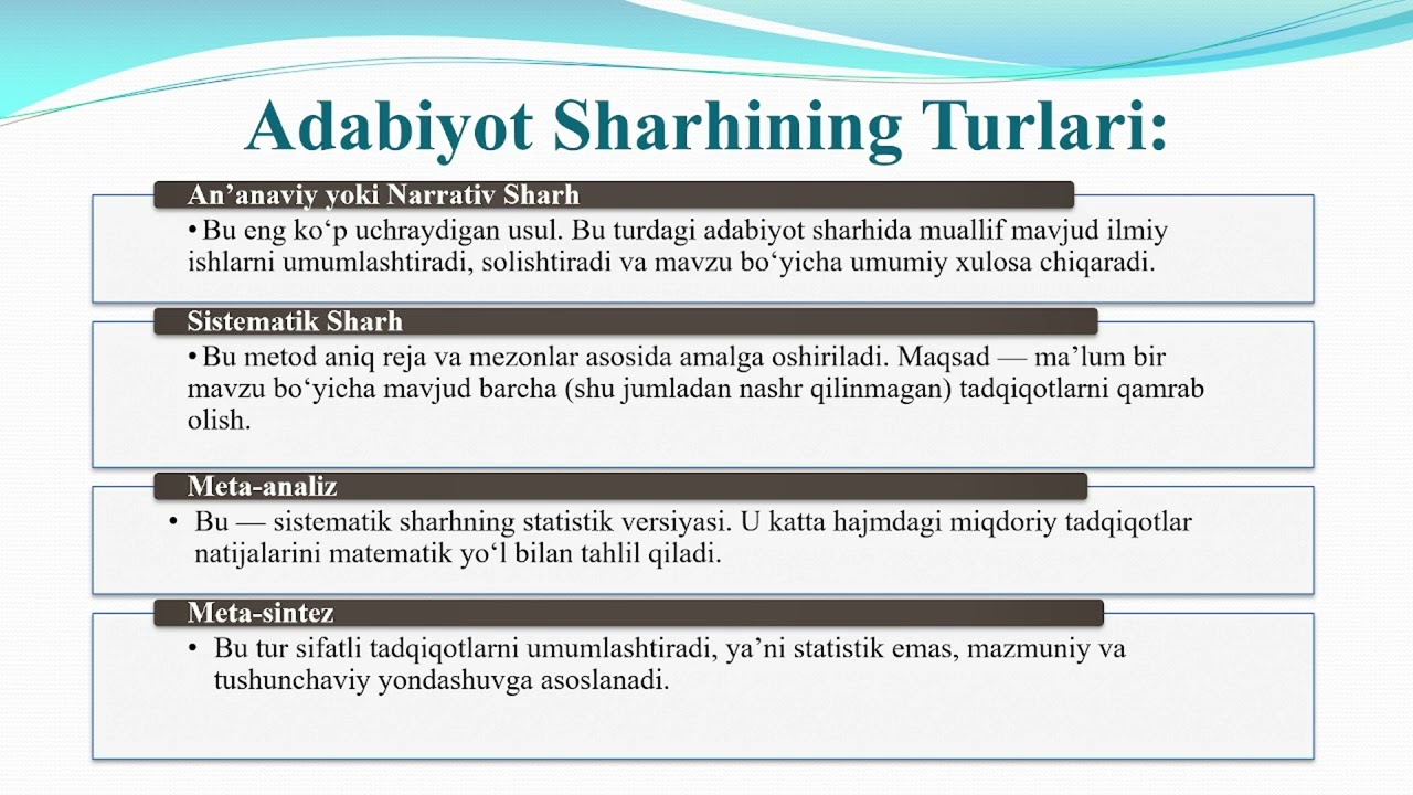 Sharifa Usmonova , Tadqiqot ko‘nikmalarini mustahkamlash: Kuchli adabiyotlar sharhini yozish