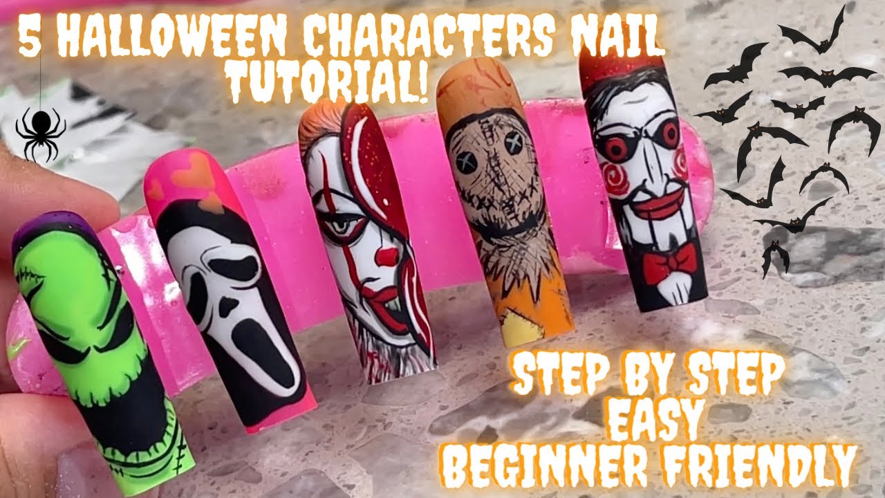 5 EASY HALLOWEEN CHARACTER NAIL DESIGNS in DEPTH tutorial!!! QUICK & BEGINNER FRIENDLY