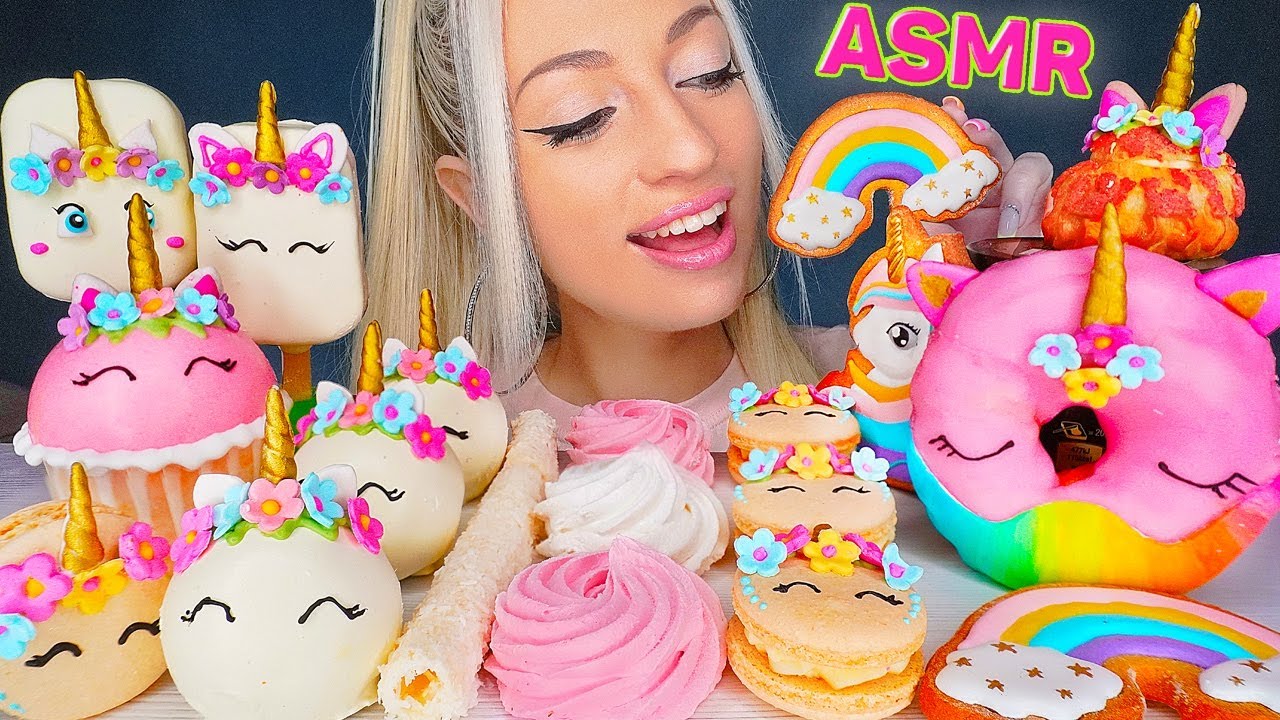 ASMR EATING UNICORN DESSERTS, CAKE, MACAROONS, MARSHMALLOW, 무지개 유니콘 디저트 (SWEET FOOD) MUKBANG 먹방