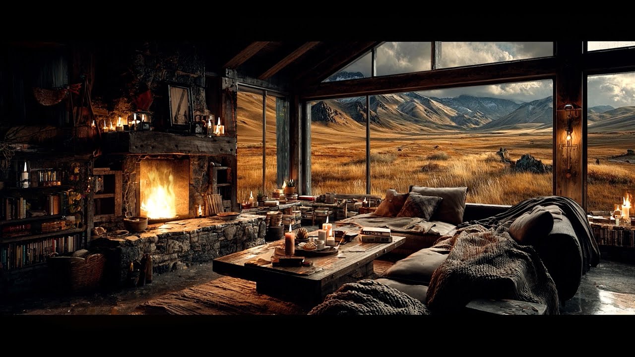 Autumn Cabin Ambience | Warm Fireplace & Golden Plains View for Study  or Sleep