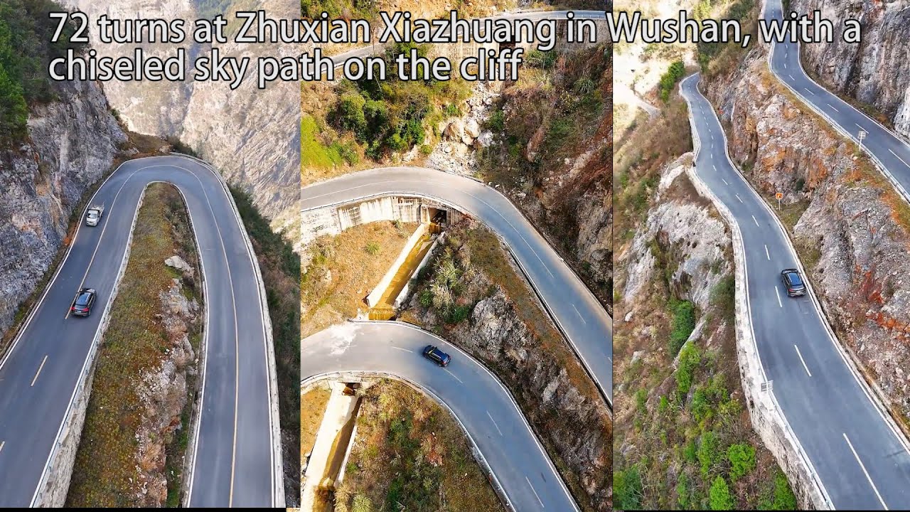 72 turns at Zhuxian Xiazhuang in Wushan, with a chiseled sky path on the cliff巫山竹贤下庄72道拐，绝壁凿天路