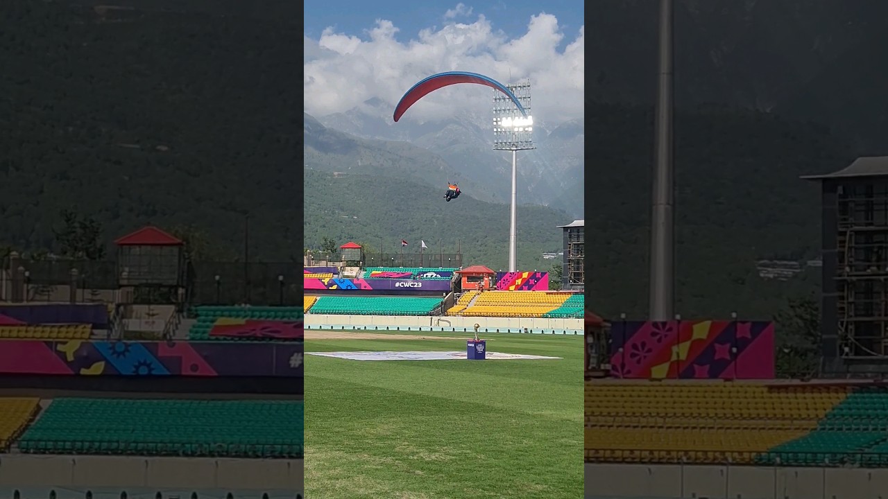 Paraglider landing with ICC World Cup trophy at HPCA Dharamshala Cricket Stadium #shorts