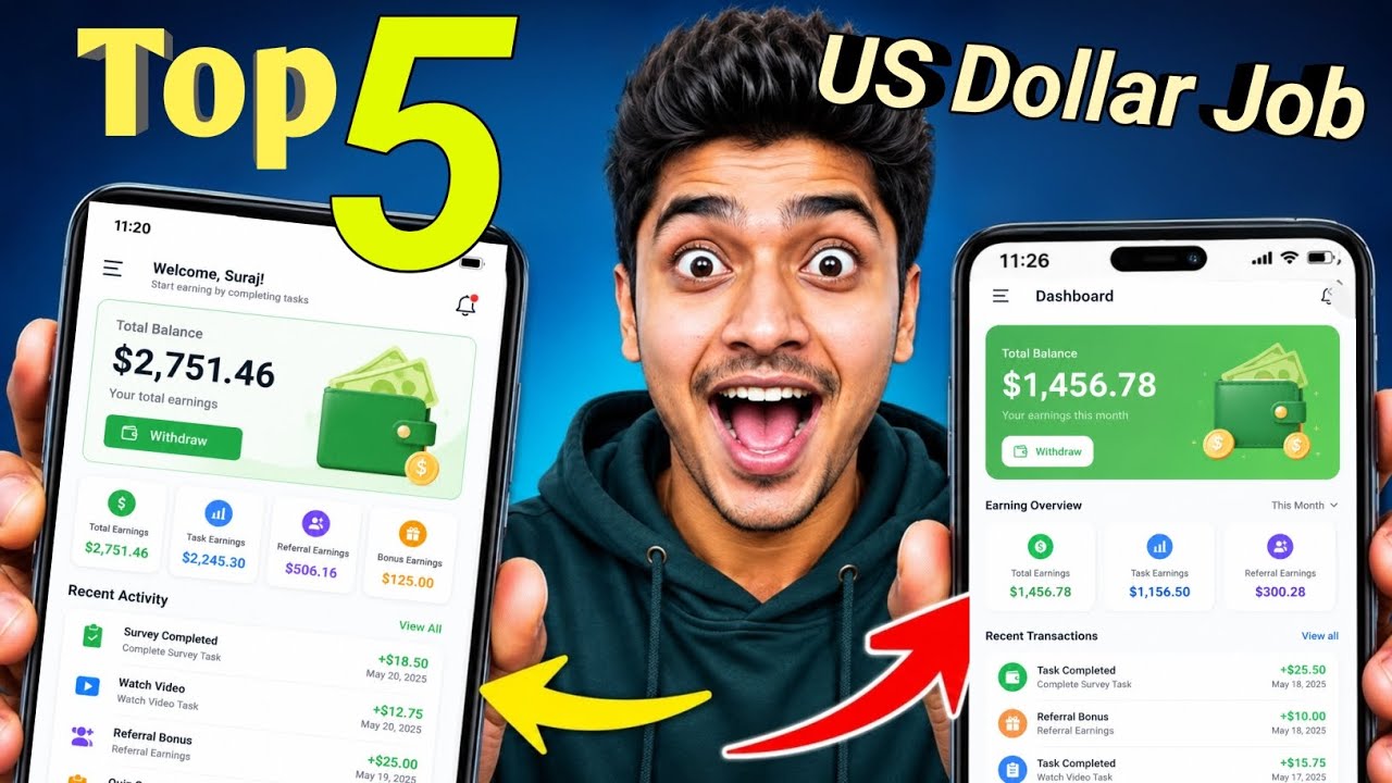 Top 5 US Dollar Earning job Apps 2026 | Daily Earning Without Investment | Work from home job