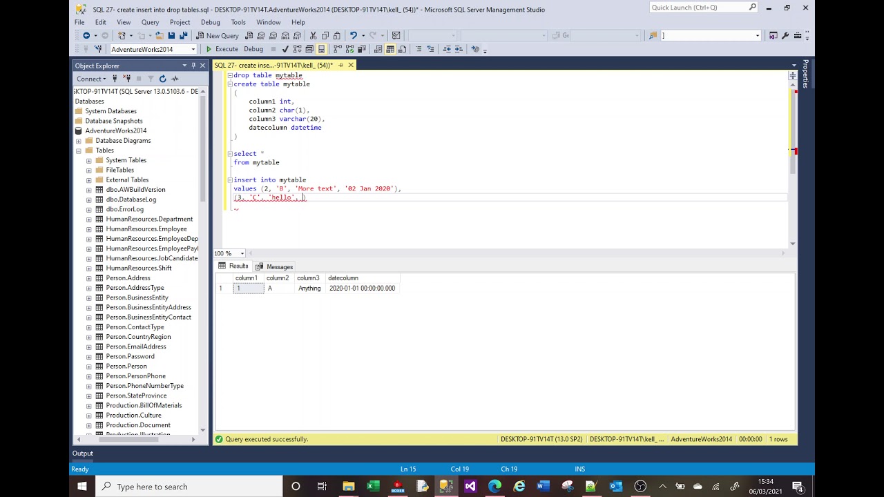 MS SQL tutorial giving an introduction to tables. Create, insert into, drop (delete).