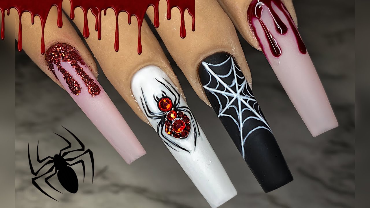 How to: Halloween nail art/ crystal spider design/ blood drip