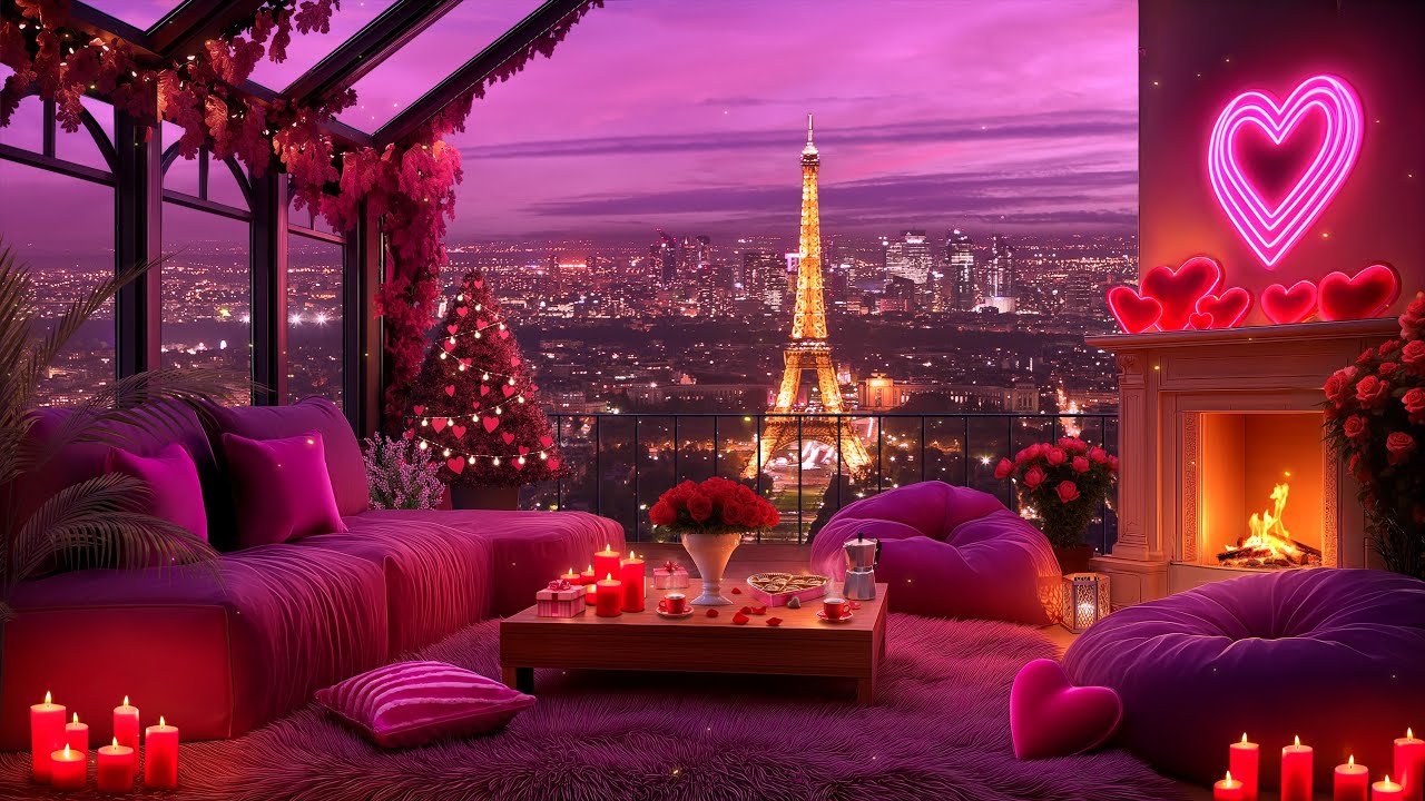 💖🎶 Romantic Valentine Jazz 🌹 Paris Balcony with Fireplace Glow & Eiffel Tower City Lights