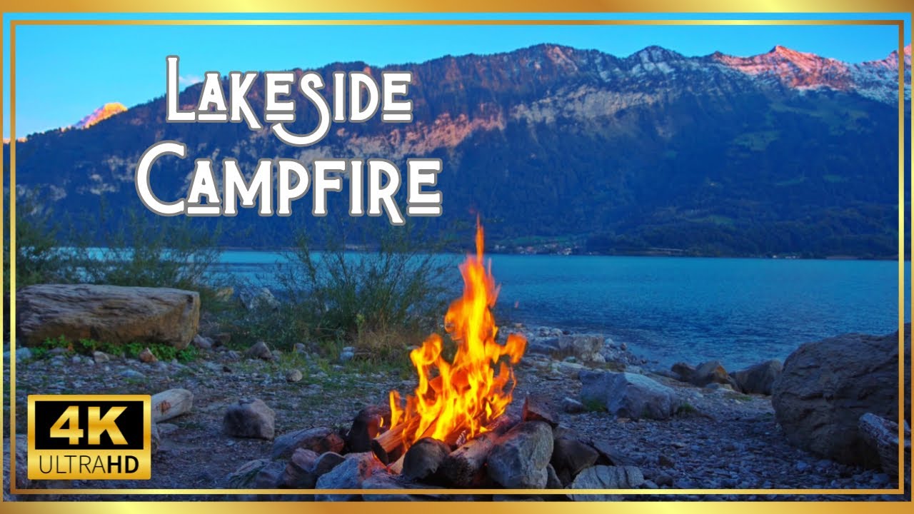 Epic 4K Mountain Lake Campfire: Relaxing Sunset Ambience with Soothing Crackling Fire Sounds