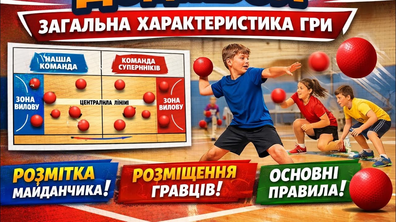 Загальна характеристика гри доджбол (розмітка ігрового майданчика, основні правила гри) | НУШ 