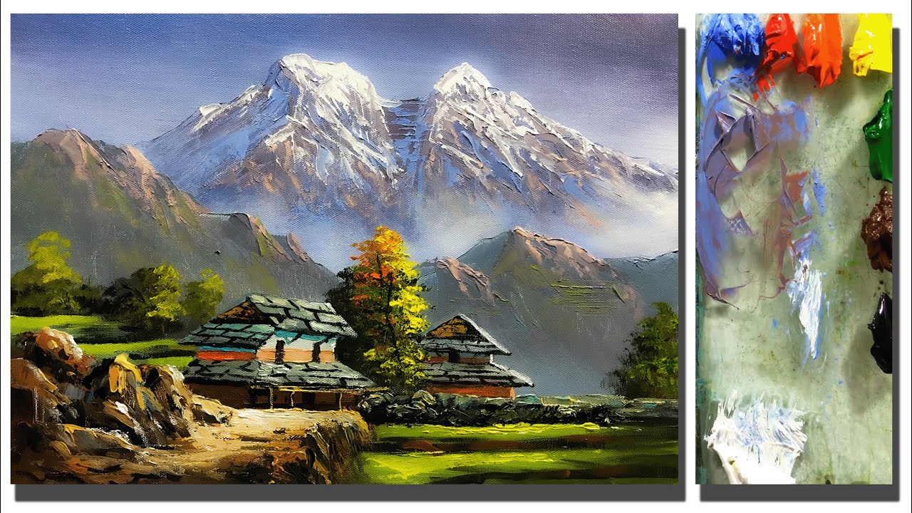 Acrylic Landscape Painting in Time-lapse | VILLAGE PAINTING | Old Village Houses | Nepali Painting