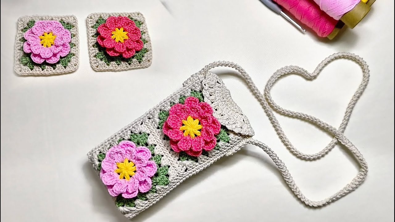 How to Crochet Flower Granny Square Phone Bag. Móc túi đựng điện thoại họa tiết hình vuông và hoa 
