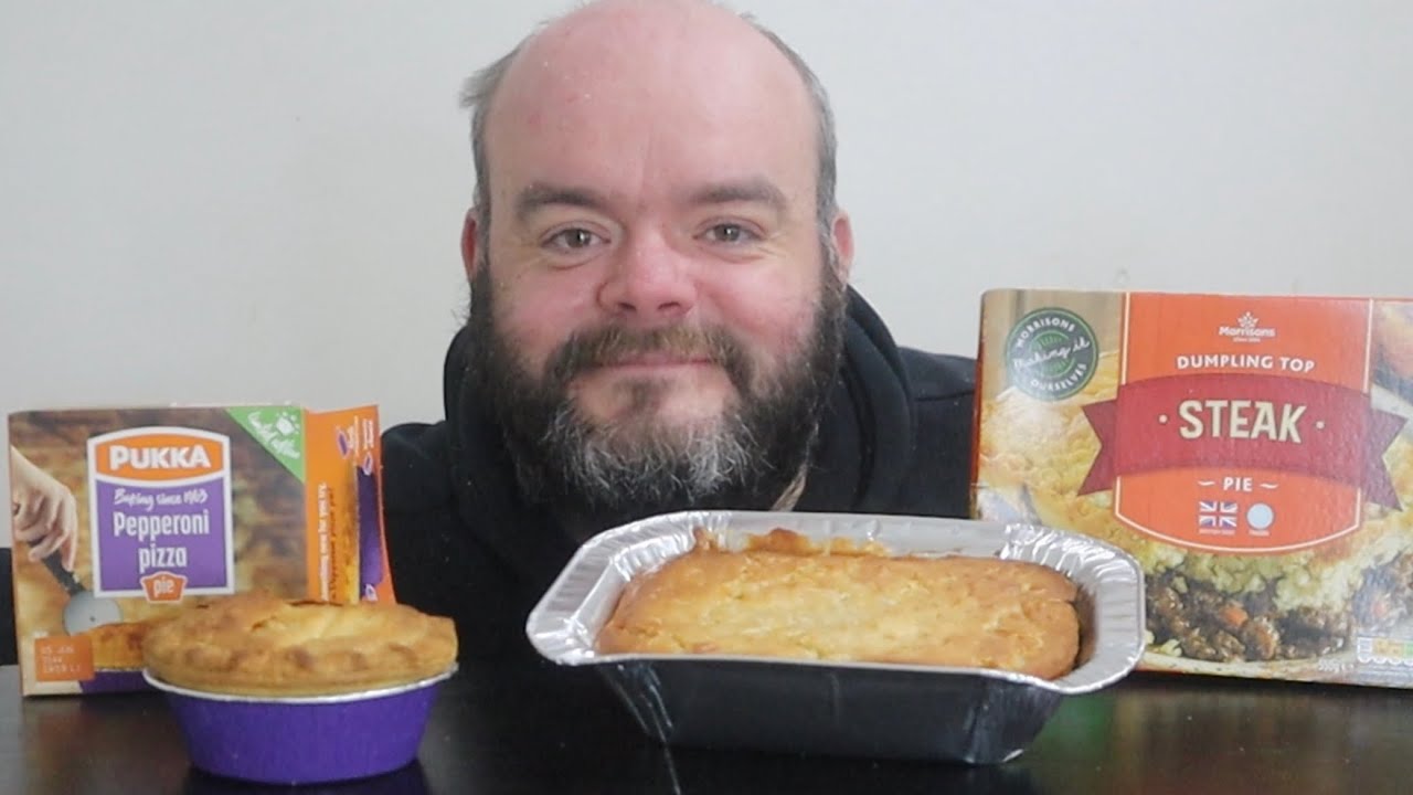 Trying 2 different pies pizza pie and steak dumpling pie uk mukbang