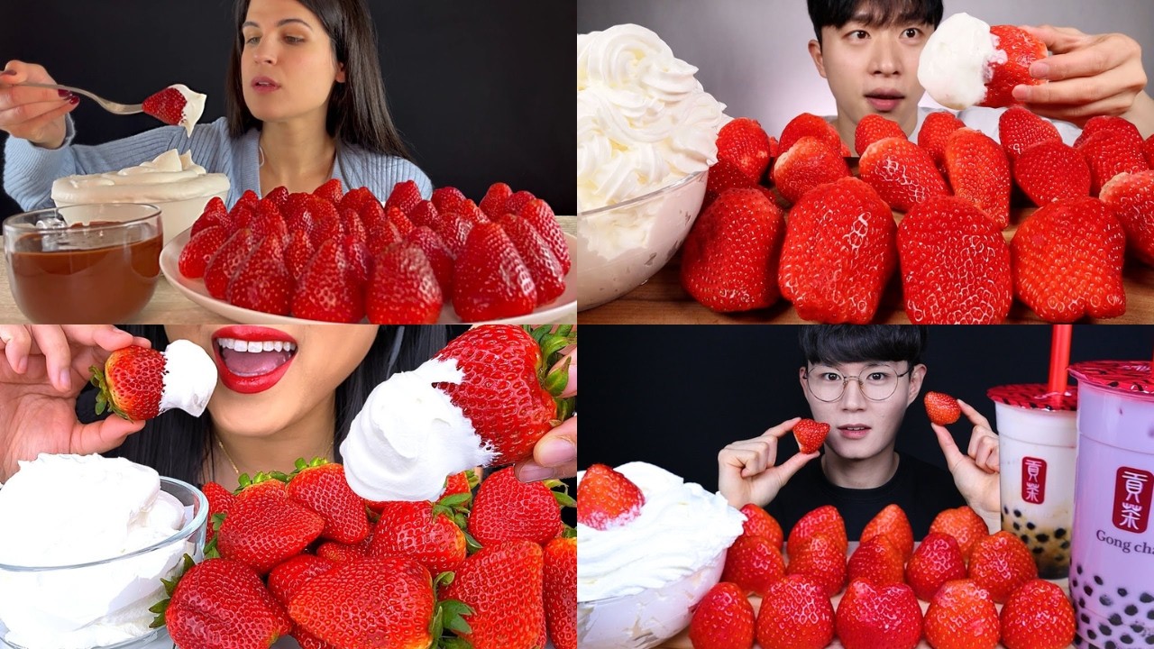 STRAWBERRY & WHIPPED CREAM🍓ASMR MUKBANG COMPILATION🤤 TOO SATISFYING DESSERT SOUNDS!😋