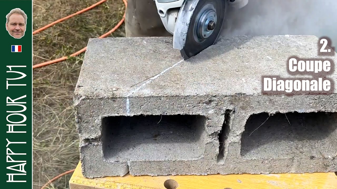 Découper un parpaing de 14cm avec une meuleuse d'angle : coupe diagonale