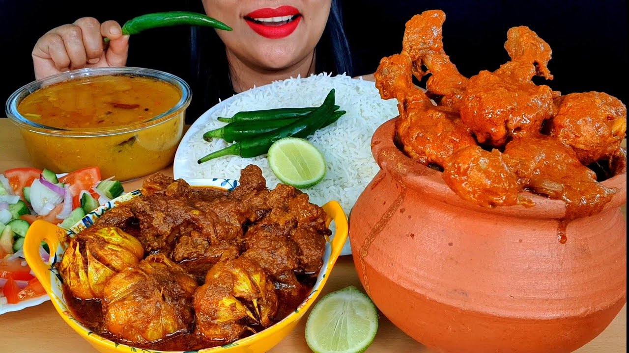ASMR:SPICY GARLIC GOAST+SPICY HANDI BADAM CHICKEN+DAL+MIXED SALAD*MUKBANG*||ZAKIA-SPICY ASMR