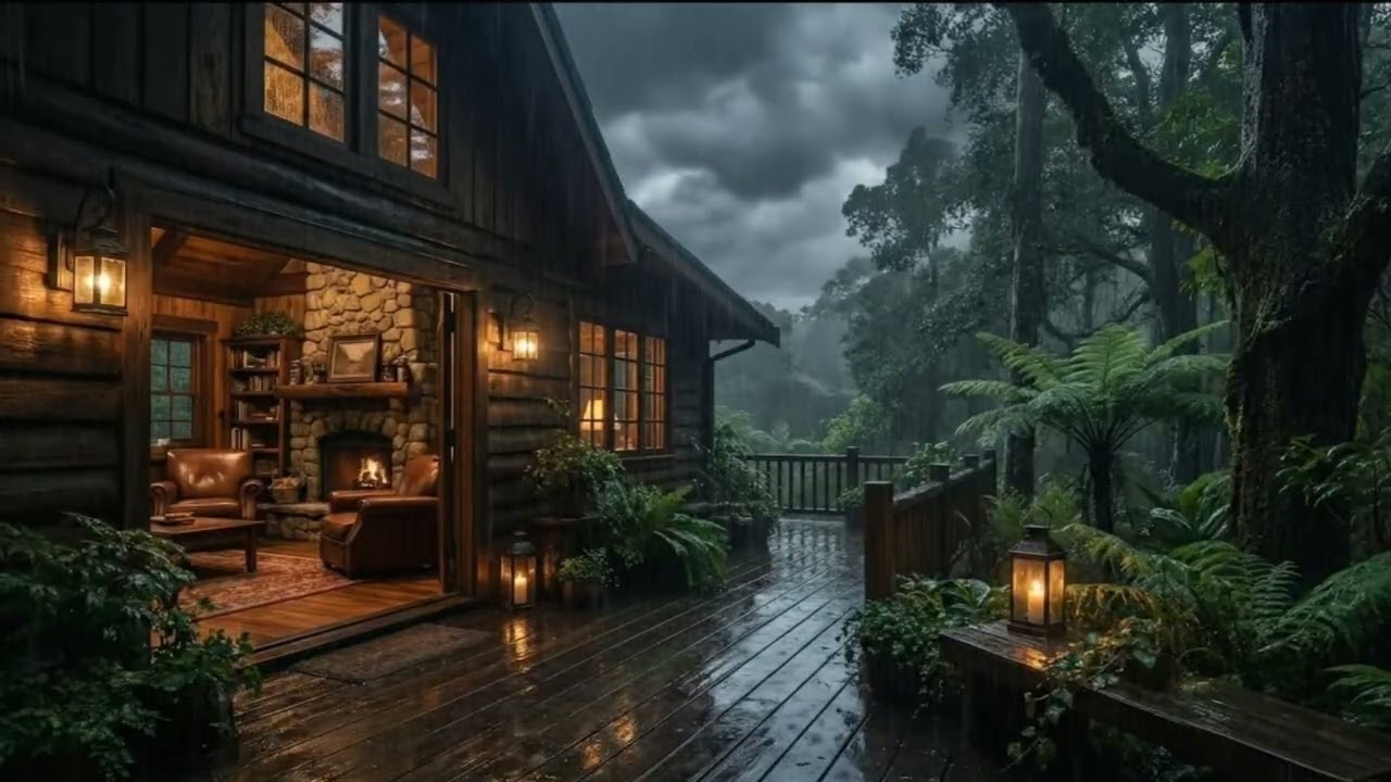 Rainy Night Ambience 🌧️ | Soft Rain & Crackling Fireplace Indoors