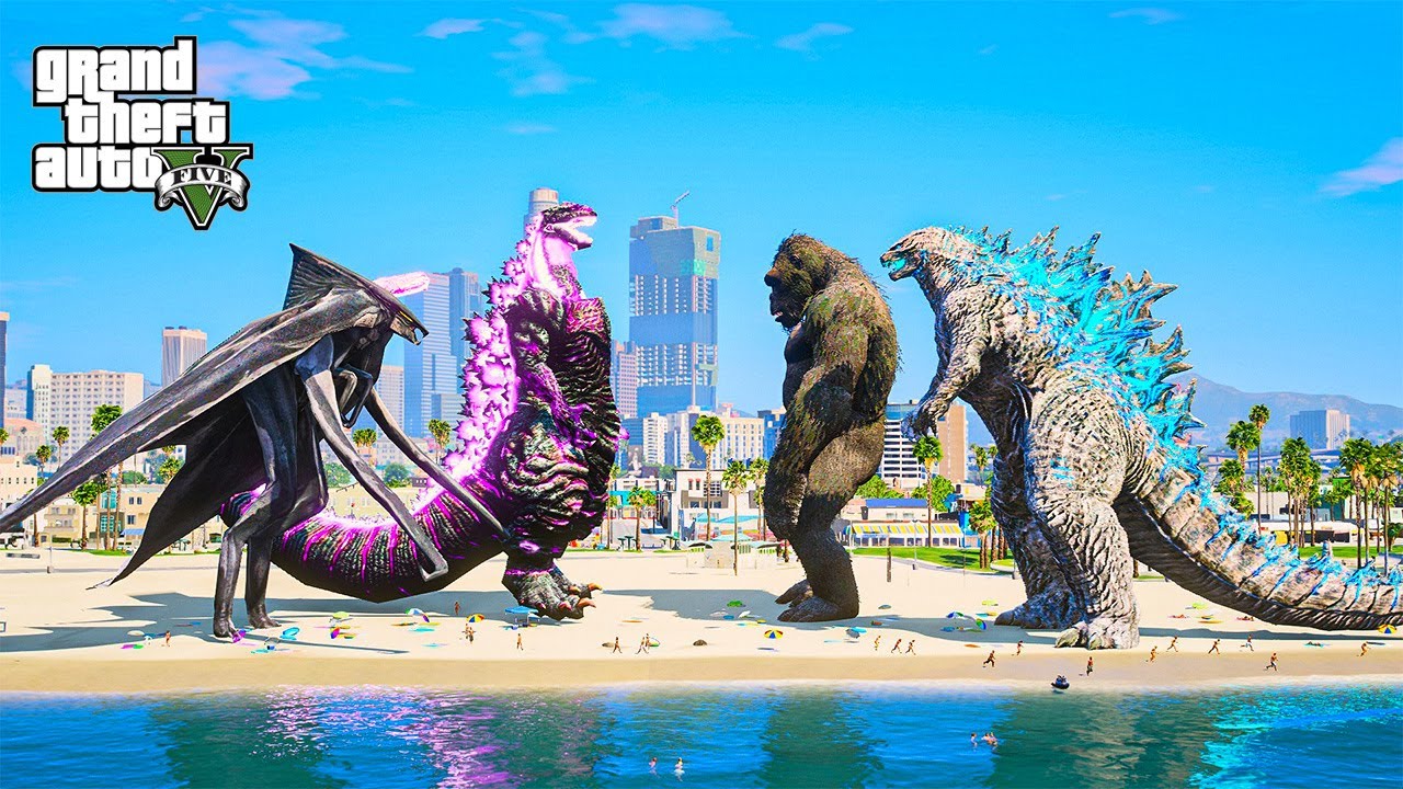 GTA 5 Mods | Godzilla & Kong vs Shin Godzilla & MUTO Male | Epic Kaiju Battle