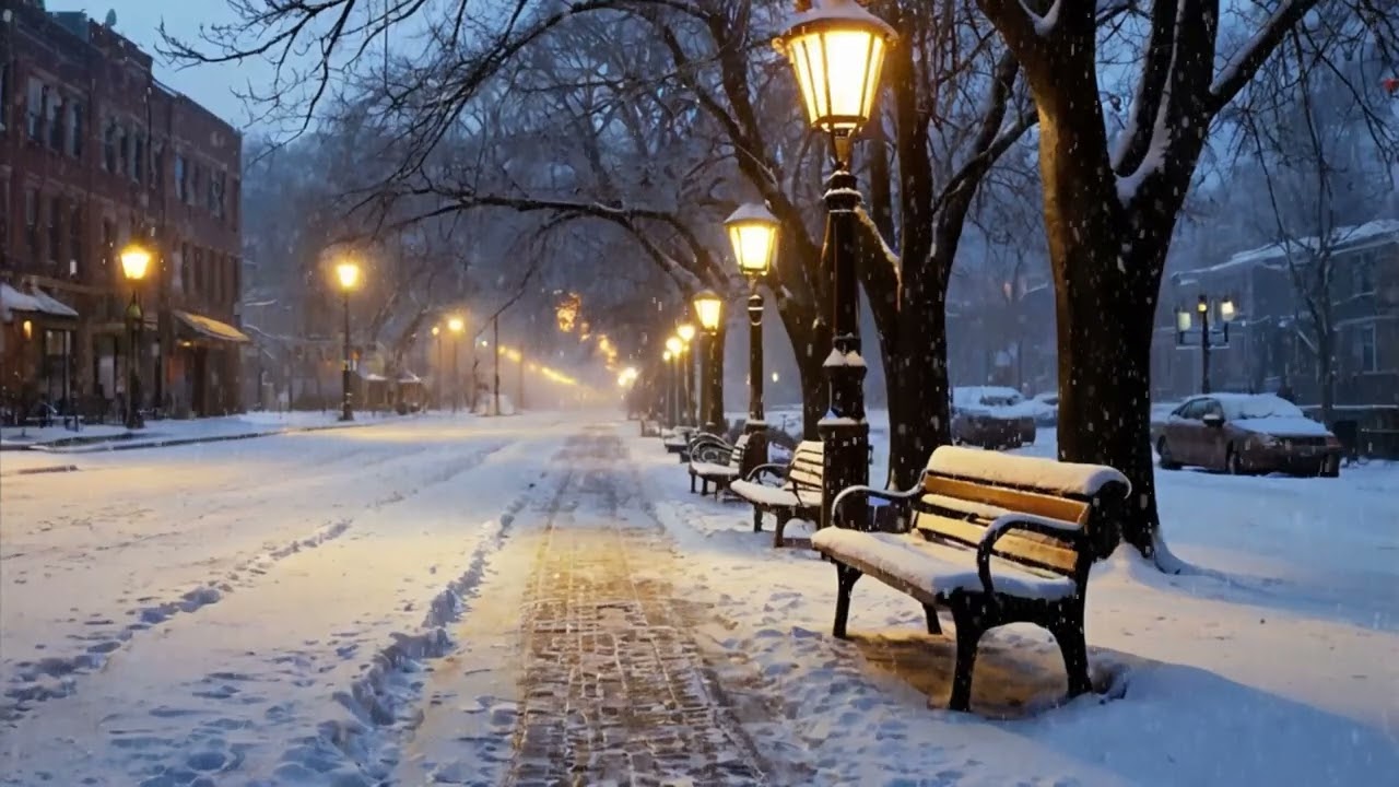 Snowy Night Walk Ambience ❄️ Wind, Heavy Snow & Lantern Lights | Winter Evening
