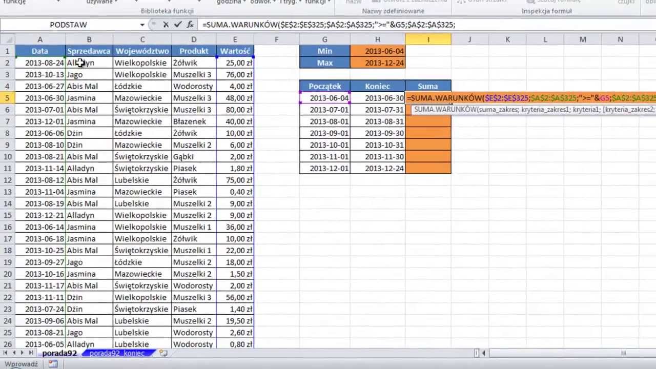 Excel - Sumowanie sprzedaży w wybranym zakresie dat - porada #92