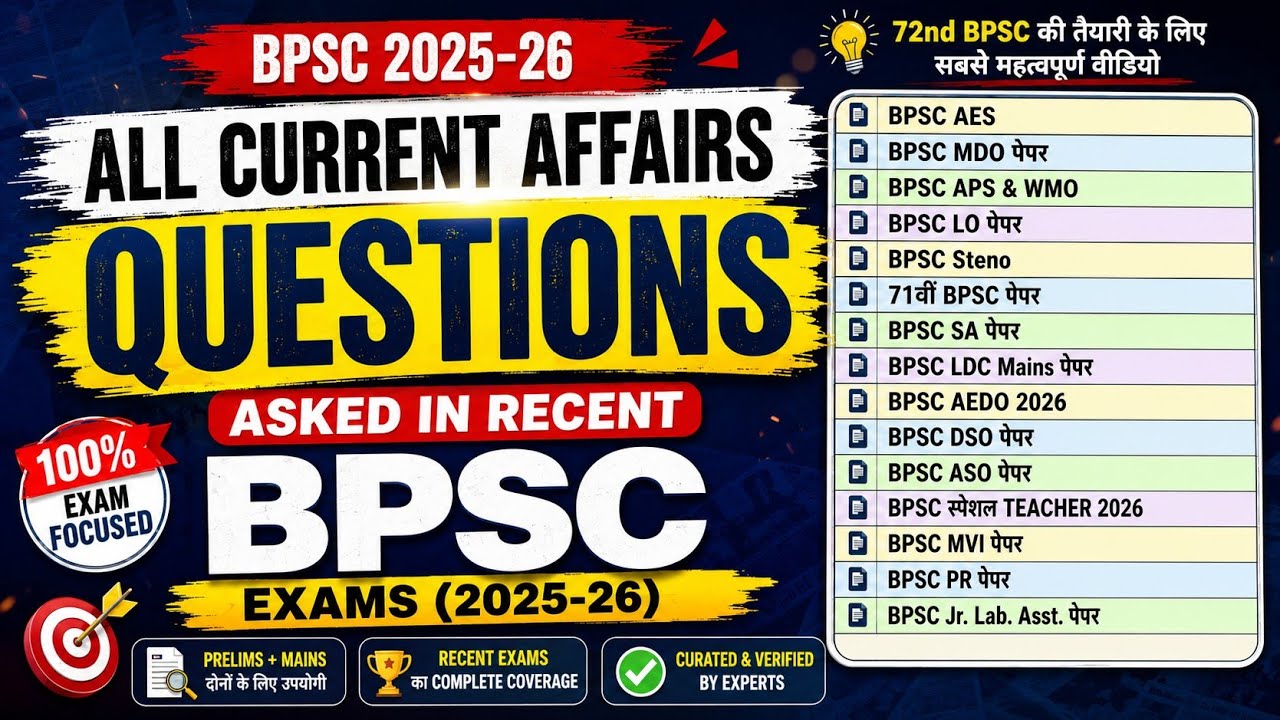 Most Expected Current Affairs MCQs for 72nd BPSC | Every PYQ Asked in Recent BPSC Exams 2025&ndash;26
