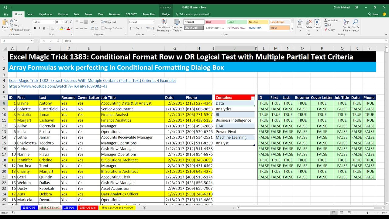 Excel Magic Trick 1383: Conditional Format Row w OR Logical Test with Multiple Partial Text Criteria