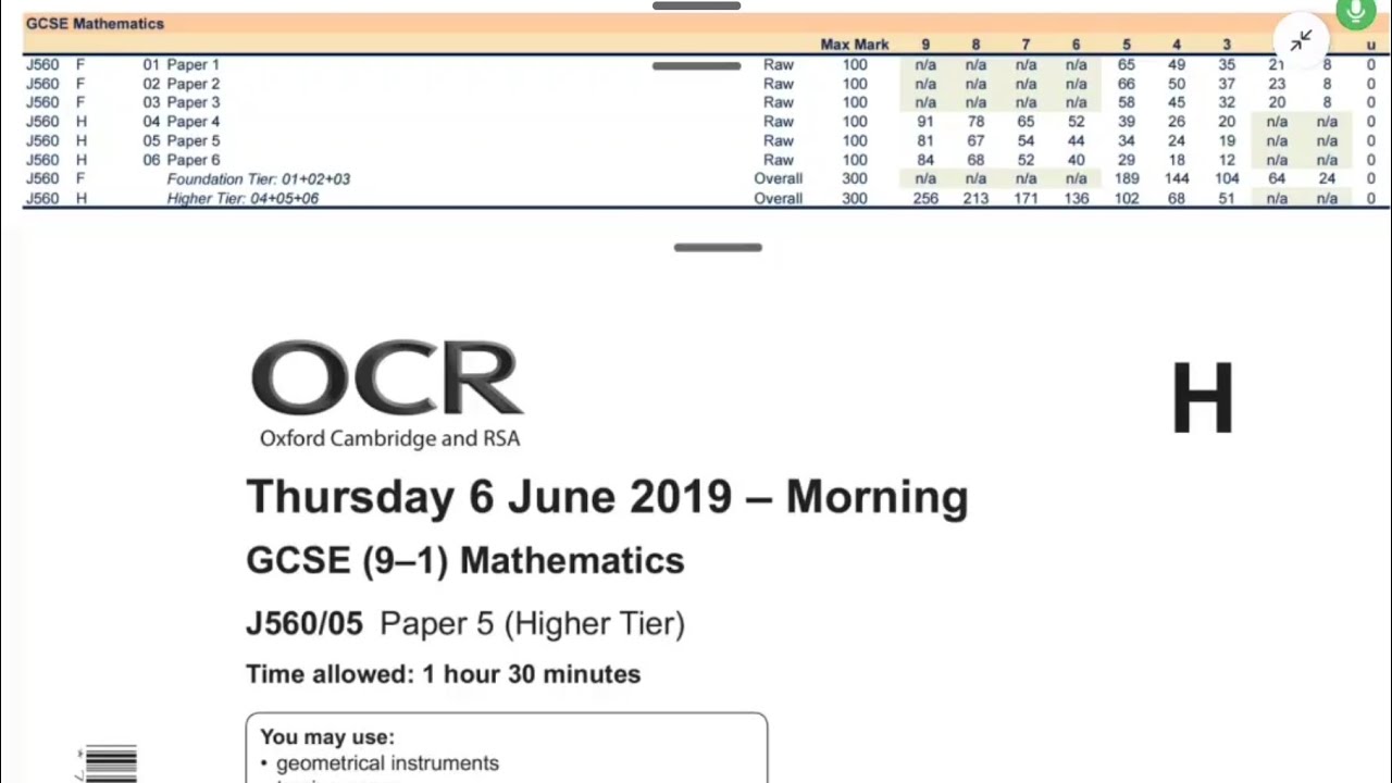 OCR GCSE Maths - June 2019 - Paper 5 (Higher Non calc)