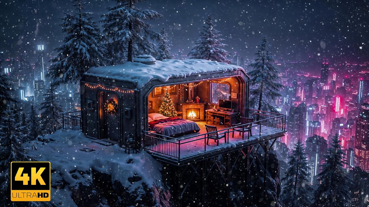 Cozy Winter Cabin Above the Cyberpunk City | Lofi Snow Ambience for Study, Sleep & Relax | 4K