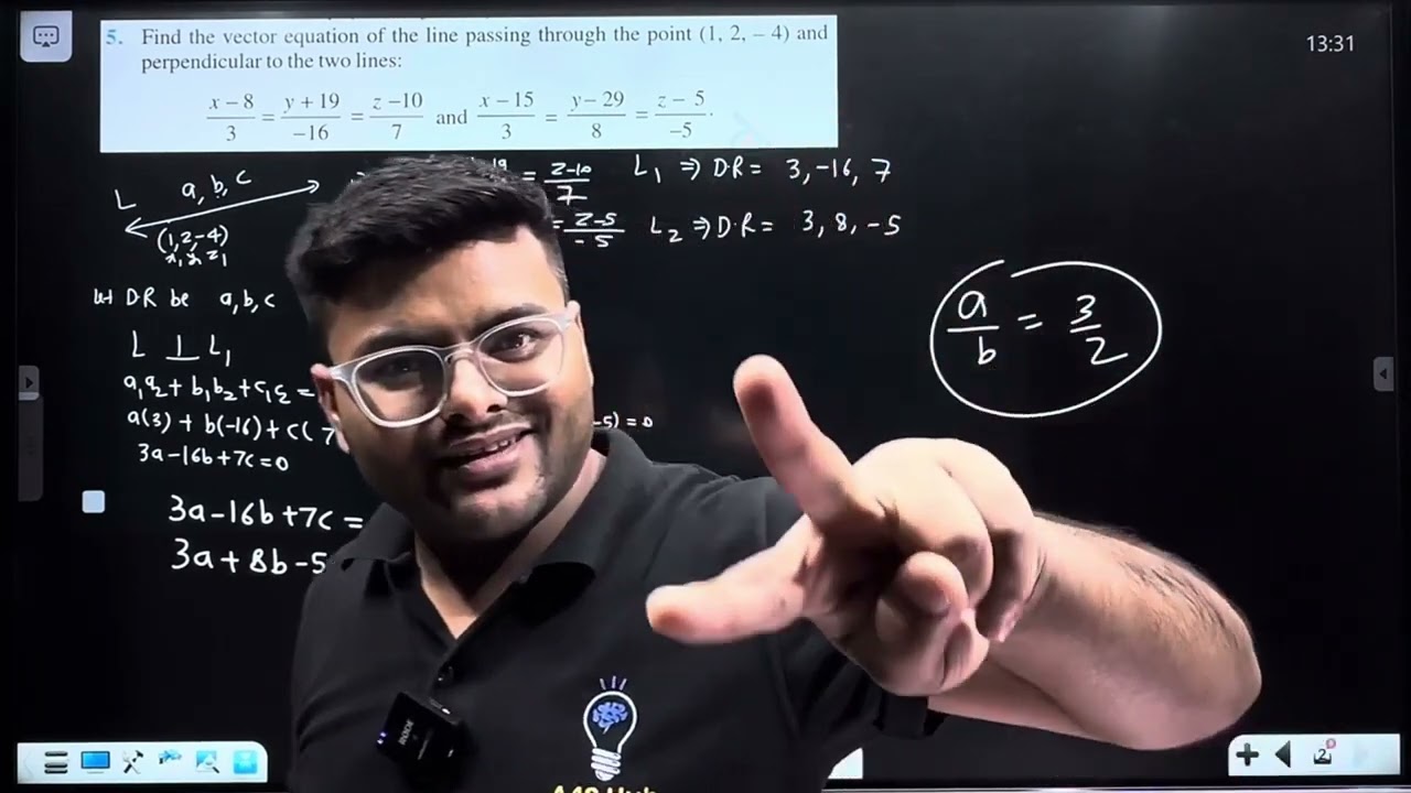5. Find the vector equation of the line passing through the point (1, 2, -4) and perpendicular to