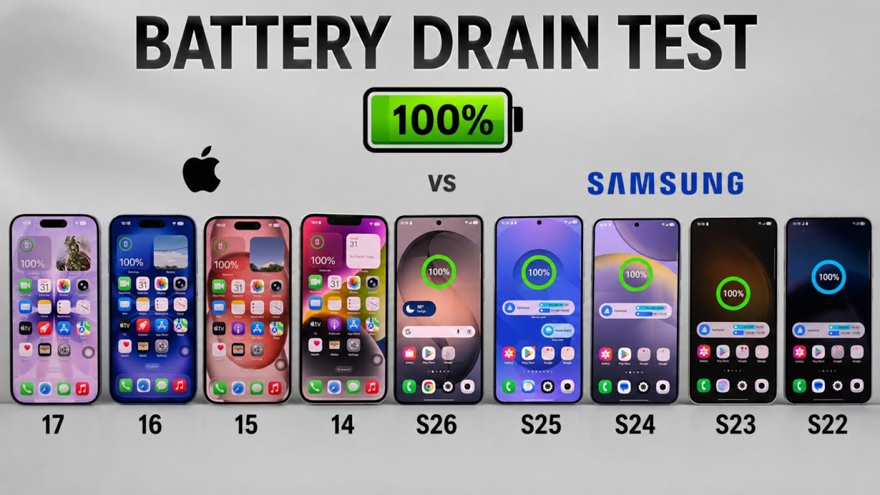 iPhone 17 vs 16 vs 15 vs 14 vs Samsung S26 vs S25 vs S24 vs S23 vs S22 - Battery Drain Test 