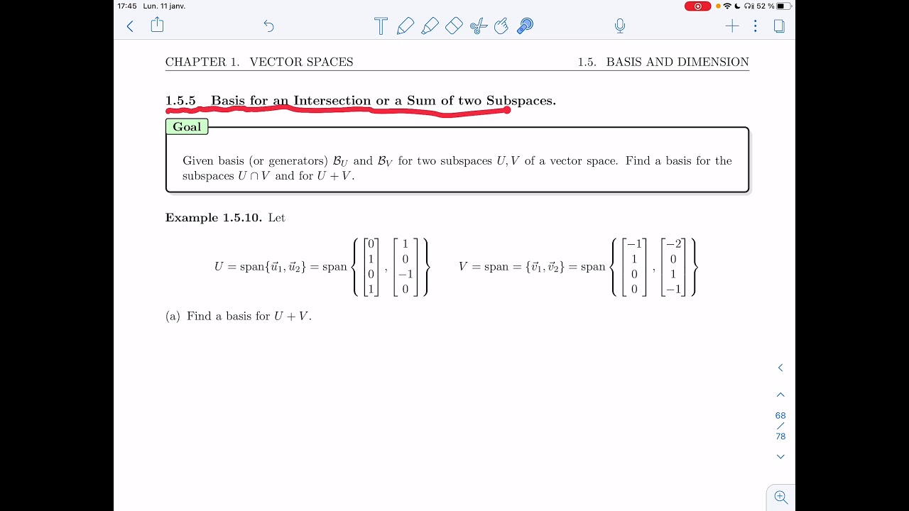Linear Algebra 2 - 1.5.5 - Basis for an Intersection or a Sum of two Subspaces (Video 1)